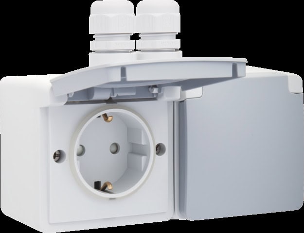 Gniazdo poziome podwójne bryzgoszczelne 16 A/250 VAC z dwoma wejściami M20