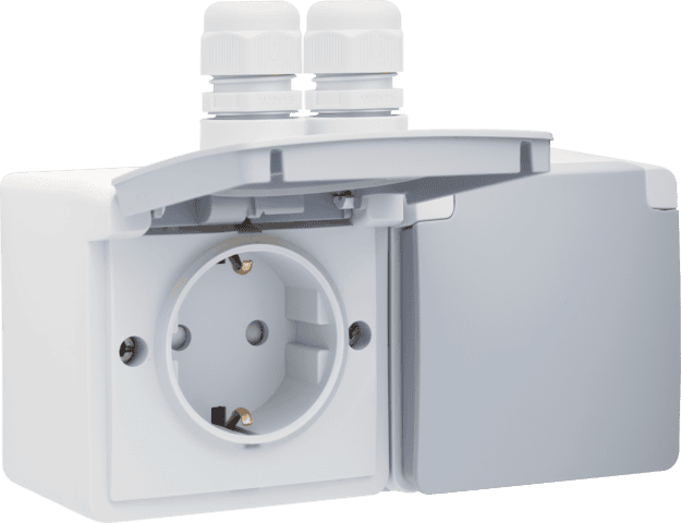 Gniazdo poziome podwójne bryzgoszczelne 16 A/250 VAC z dwoma wejściami M20